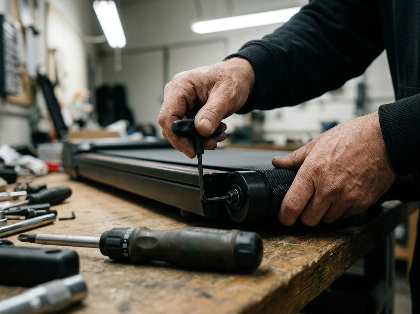 Les mains d'un technicien contrôlant la tension de la bande d'un tapis de marche