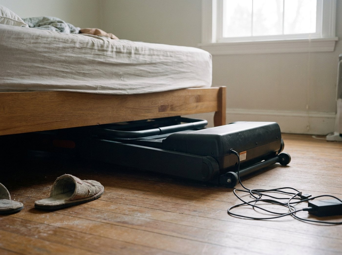 Tapis de course Klivo replié et glissé sous un lit dans une chambre