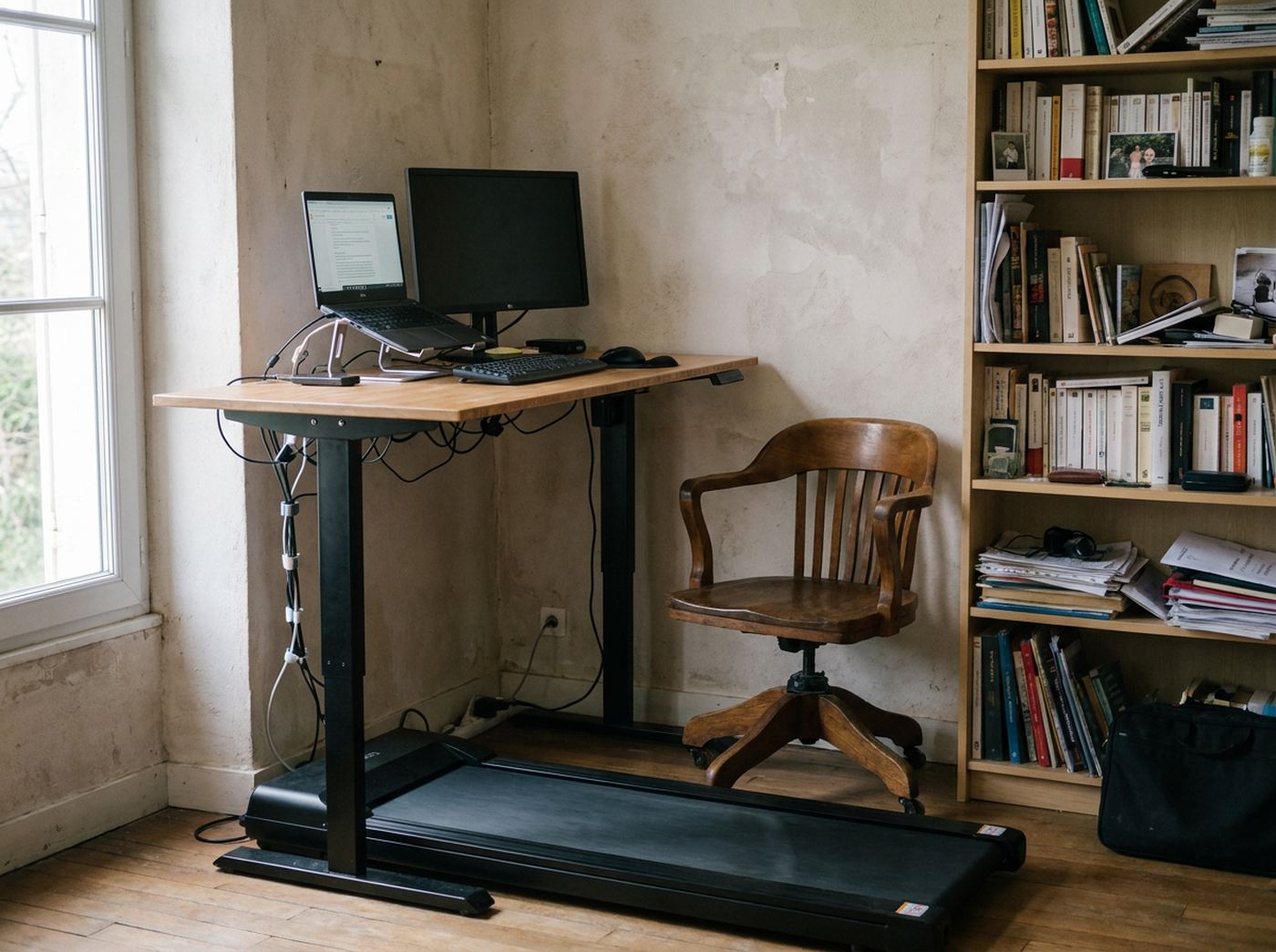 Tapis de marche Klivo déroulé sous un bureau assis-debout, dans un bureau à domicile
